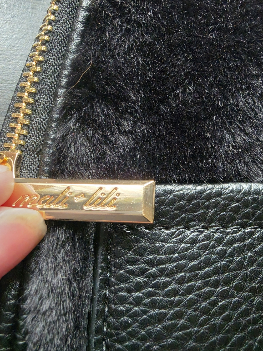 Mali + Lili Black Leather and Fur Crossbody with Gold Accent